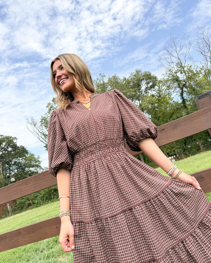 Maple Lane Plaid Smocked Waist Tiered Midi Dress