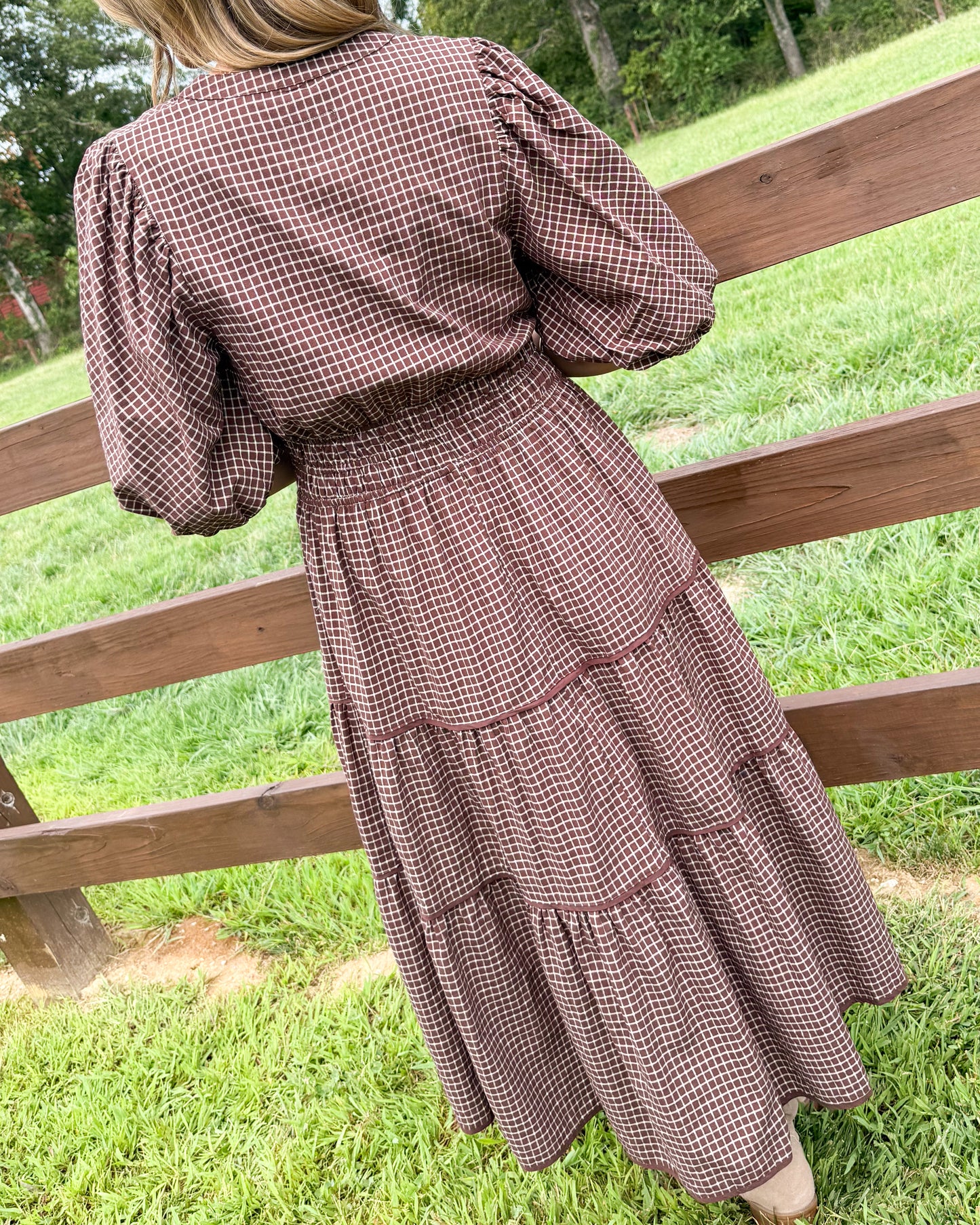 Maple Lane Plaid Smocked Waist Tiered Midi Dress