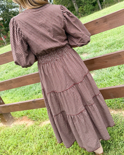 Maple Lane Plaid Smocked Waist Tiered Midi Dress