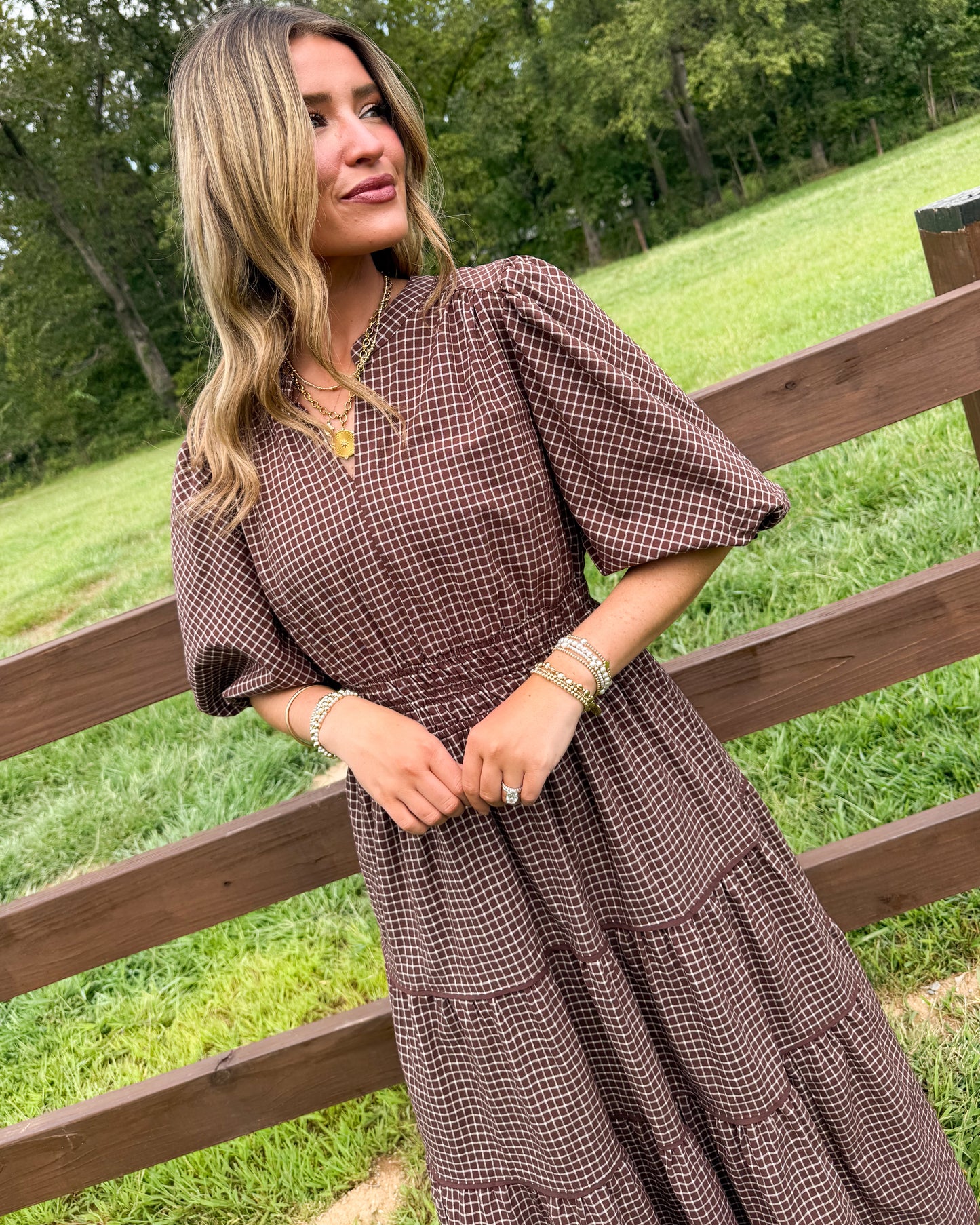 Maple Lane Plaid Smocked Waist Tiered Midi Dress