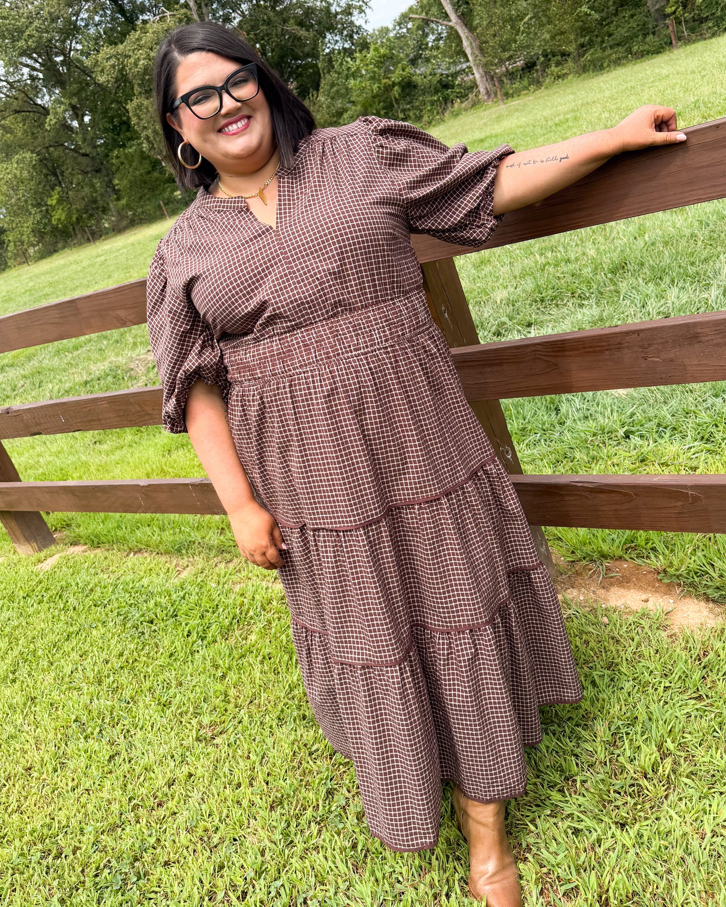 Maple Lane Plaid Smocked Waist Tiered Midi Dress