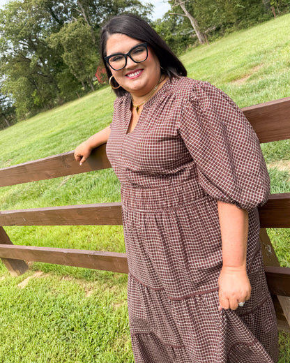 Maple Lane Plaid Smocked Waist Tiered Midi Dress