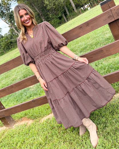 Maple Lane Plaid Smocked Waist Tiered Midi Dress