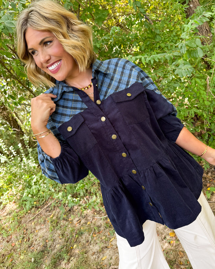 Main Street Corduroy Plaid Contrast Tiered Shacket