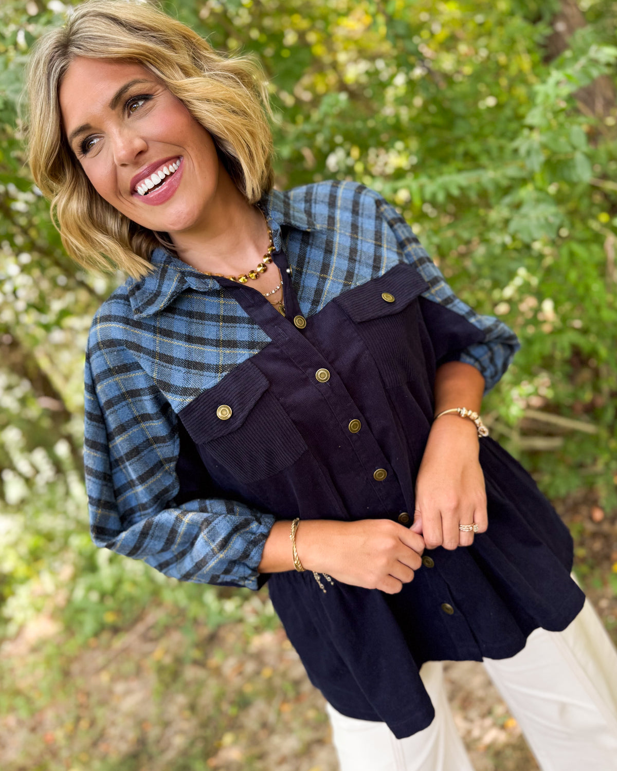 Main Street Corduroy Plaid Contrast Tiered Shacket