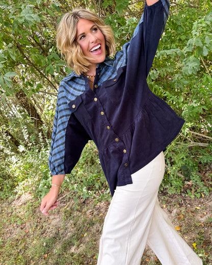 Main Street Corduroy Plaid Contrast Tiered Shacket