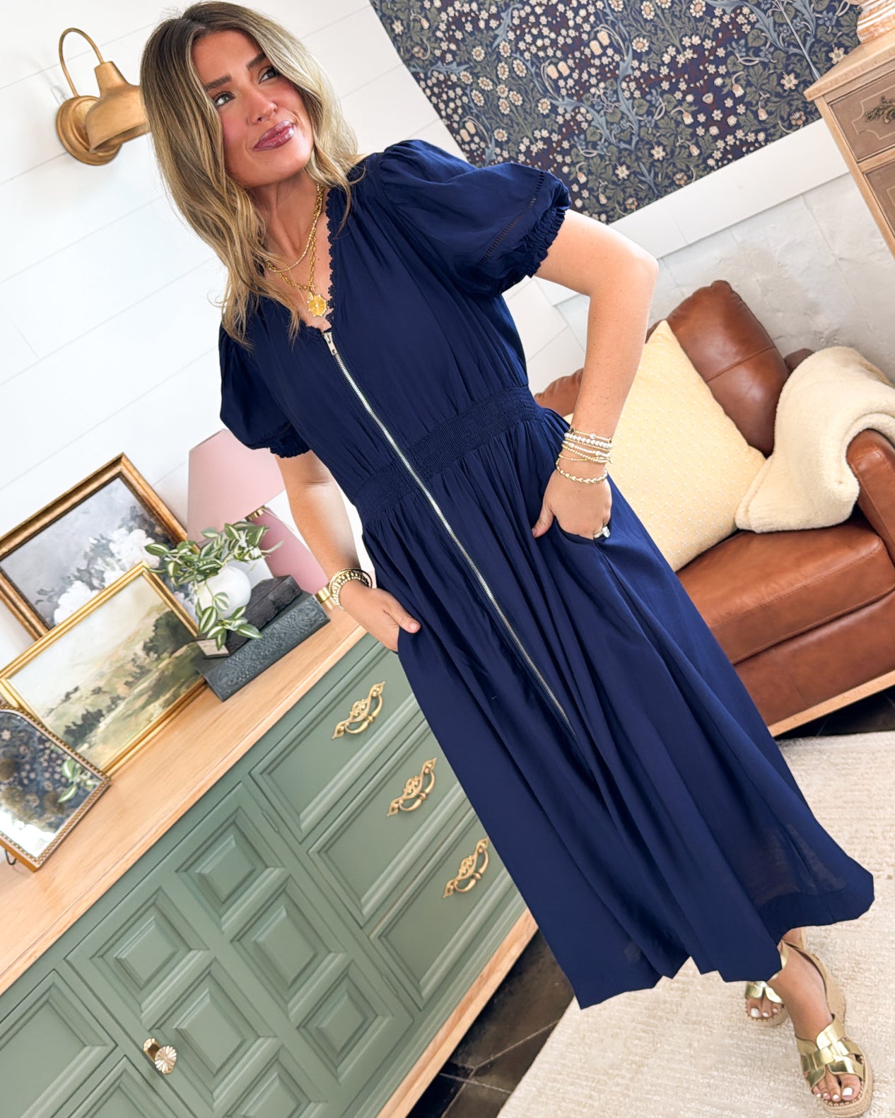 Lunch Date Zip Front Smocked Waist Midi Dress