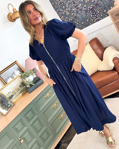Lunch Date Zip Front Smocked Waist Midi Dress