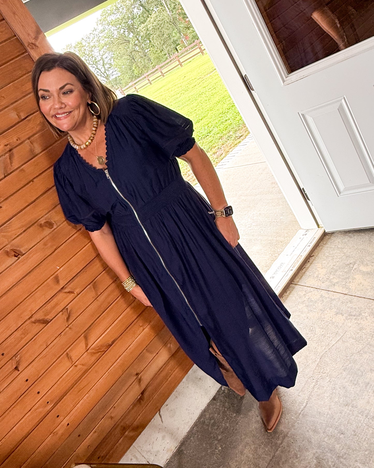 Lunch Date Zip Front Smocked Waist Midi Dress