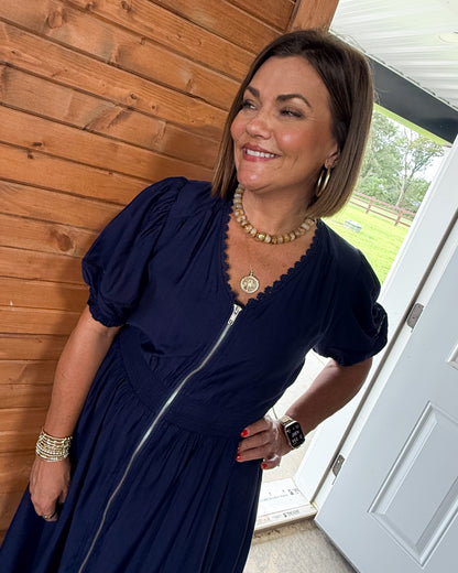 Lunch Date Zip Front Smocked Waist Midi Dress