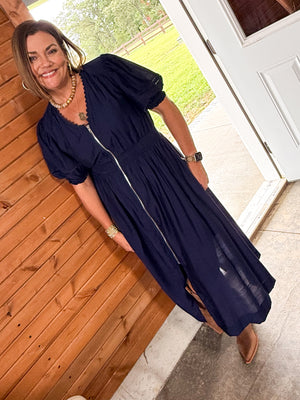 Lunch Date Zip Front Smocked Waist Midi Dress