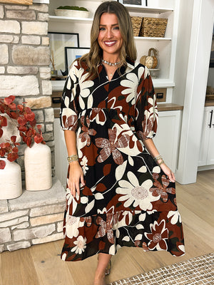 Retro Romance Floral Collared Tiered Midi Dress