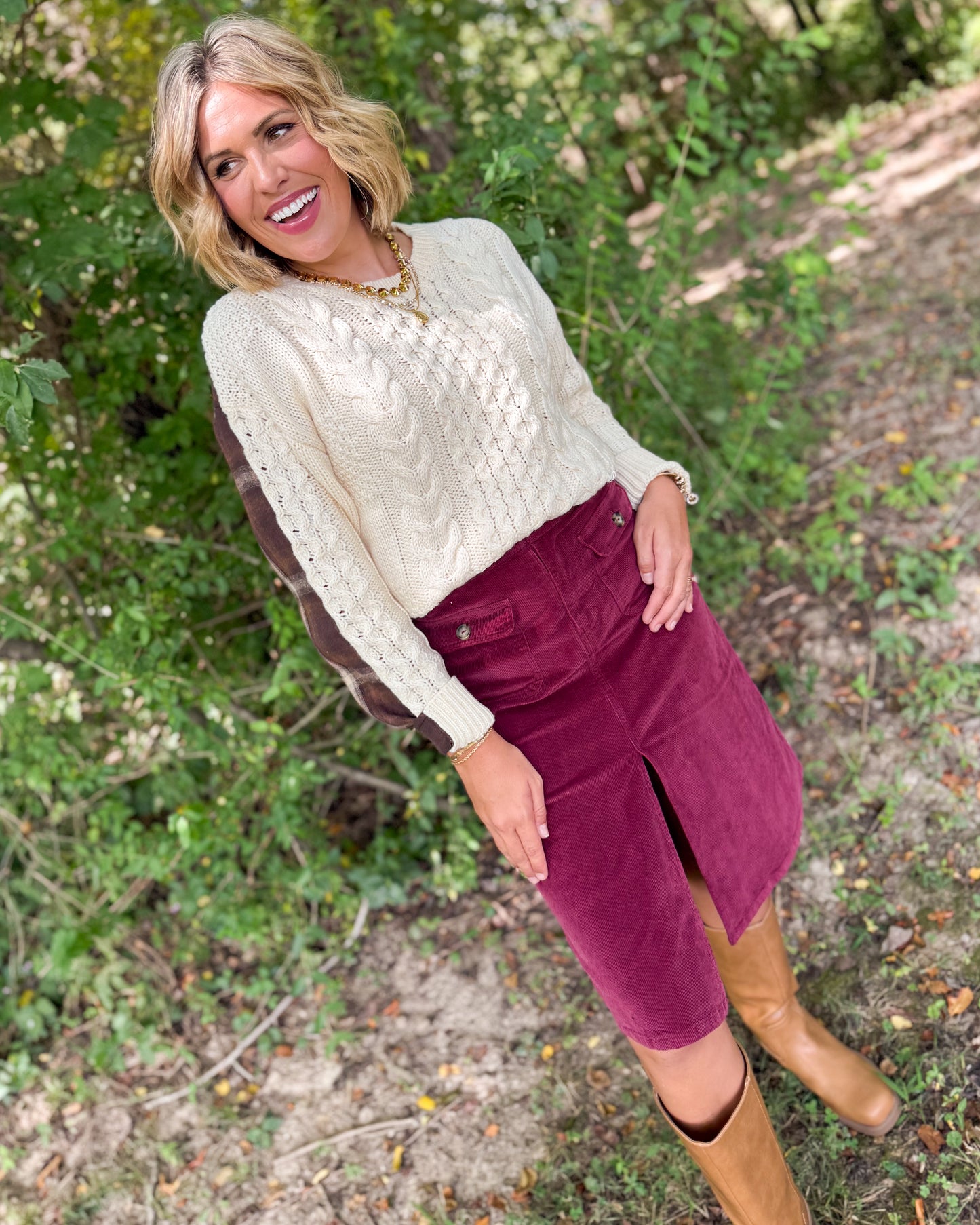 Cabin Charm Cable Knit Plaid Contrast Sweater