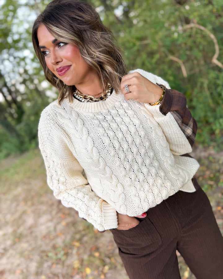 Cabin Charm Cable Knit Plaid Contrast Sweater
