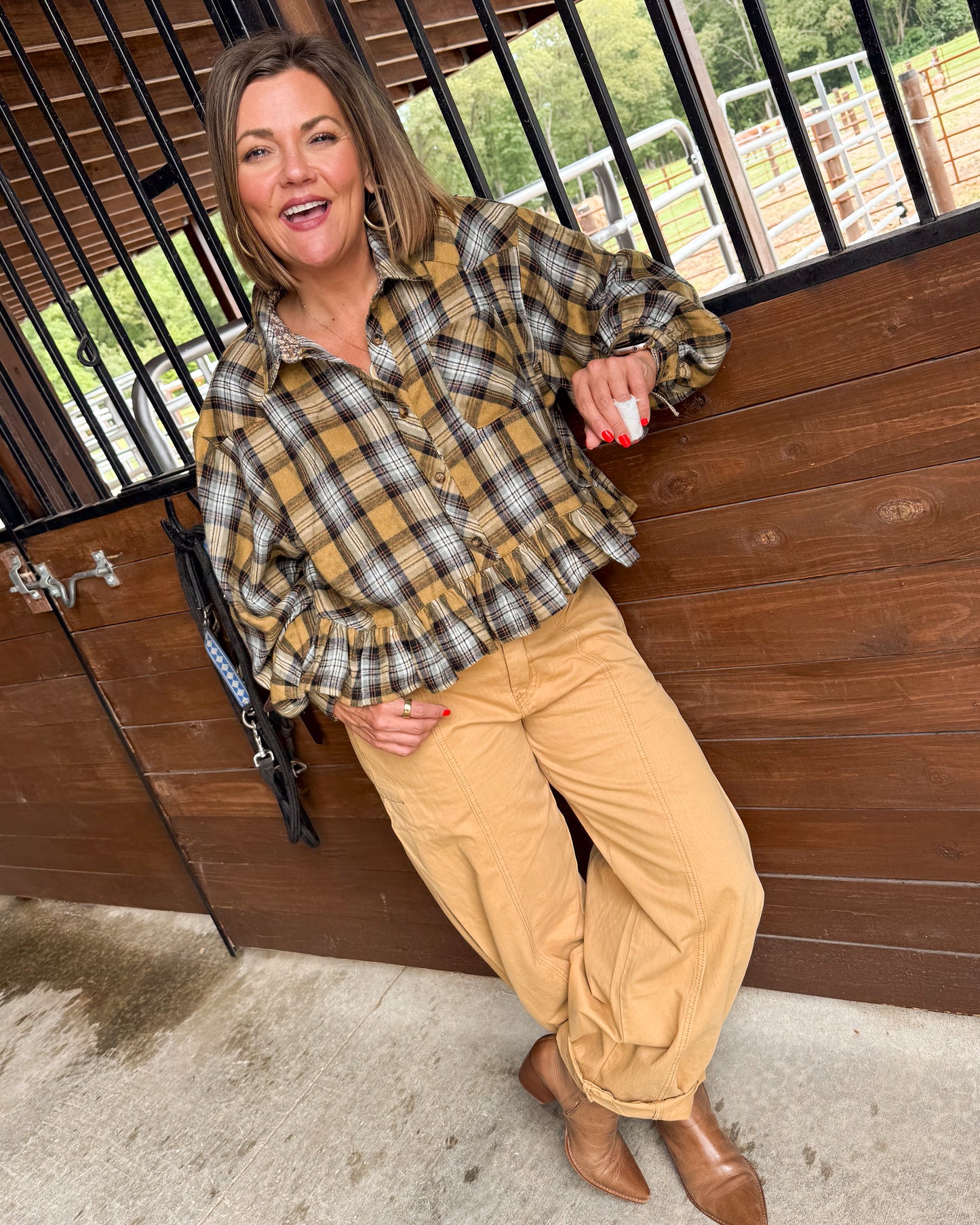 Western Wind Plaid Ruffle Hem Shirt