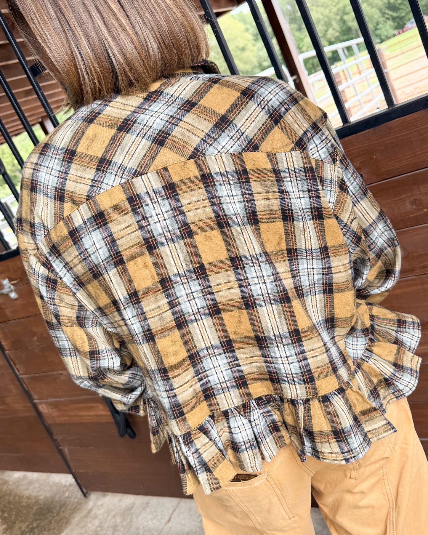 Western Wind Plaid Ruffle Hem Shirt