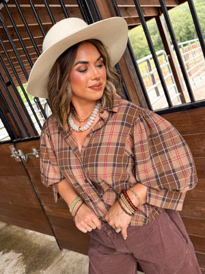 Long Story Short Plaid Puff Sleeve Shirt