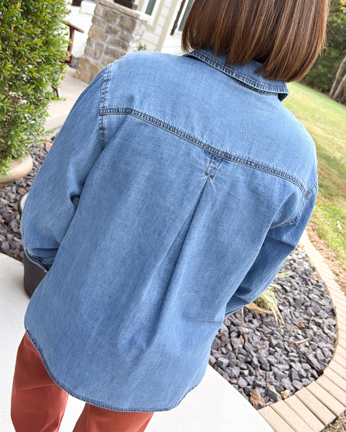 Blue Skies Snap Up Tab Sleeve Denim Shirt