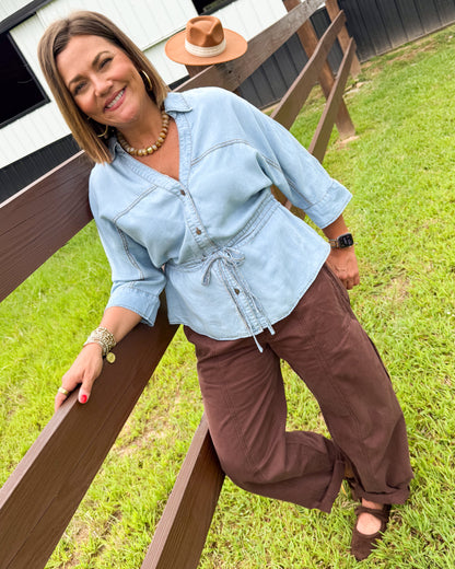 Blue Skies Chambray Drawstring Waist Shirt