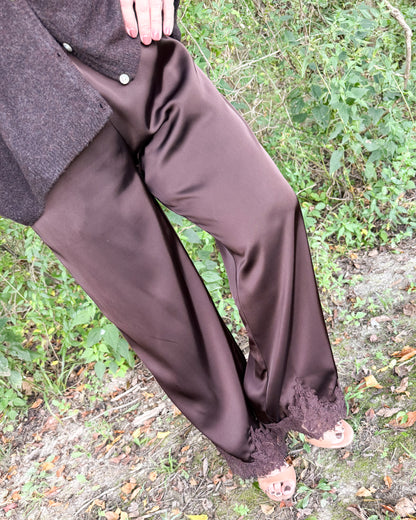 Chocolate Kiss Satin Lace Hem Pants