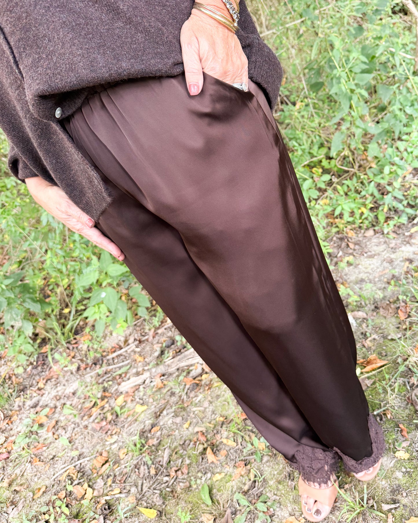 Chocolate Kiss Satin Lace Hem Pants