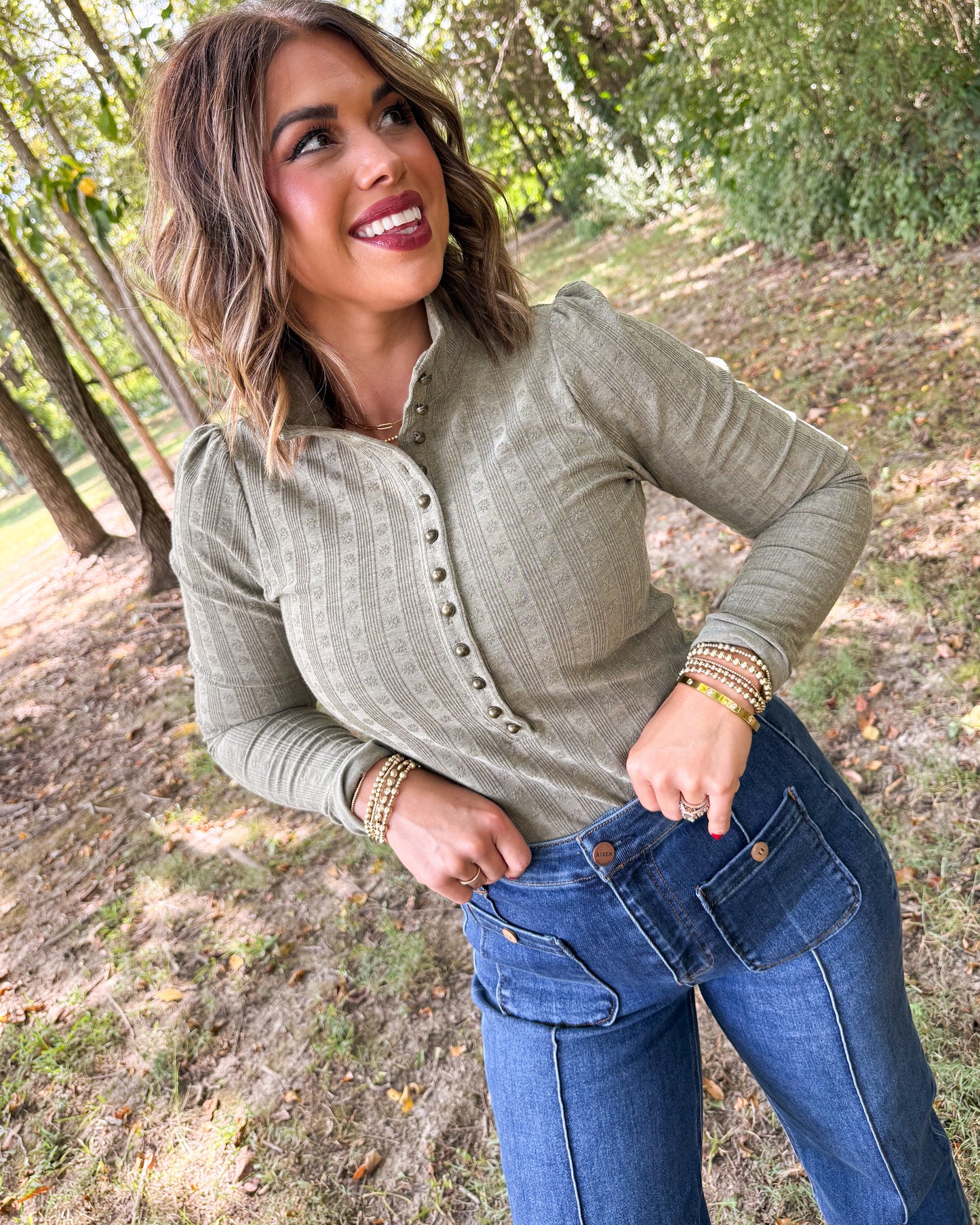 Johanna Textured Half Snap Mock Neck Top