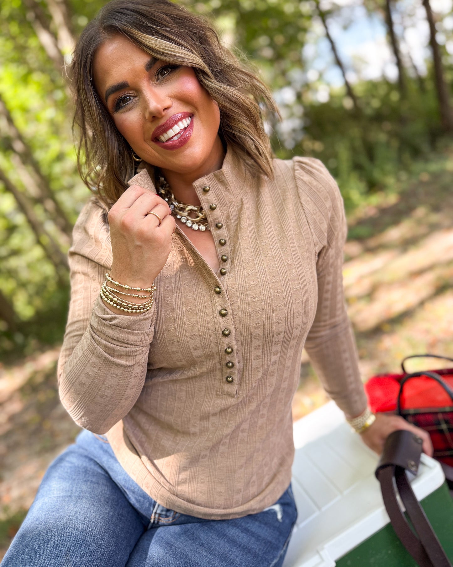 Johanna Textured Half Snap Mock Neck Top