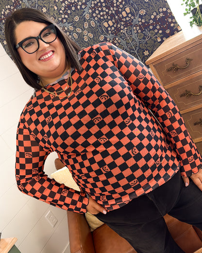 Pick Of The Patch Checkered Pumpkin Sheer Mesh Top