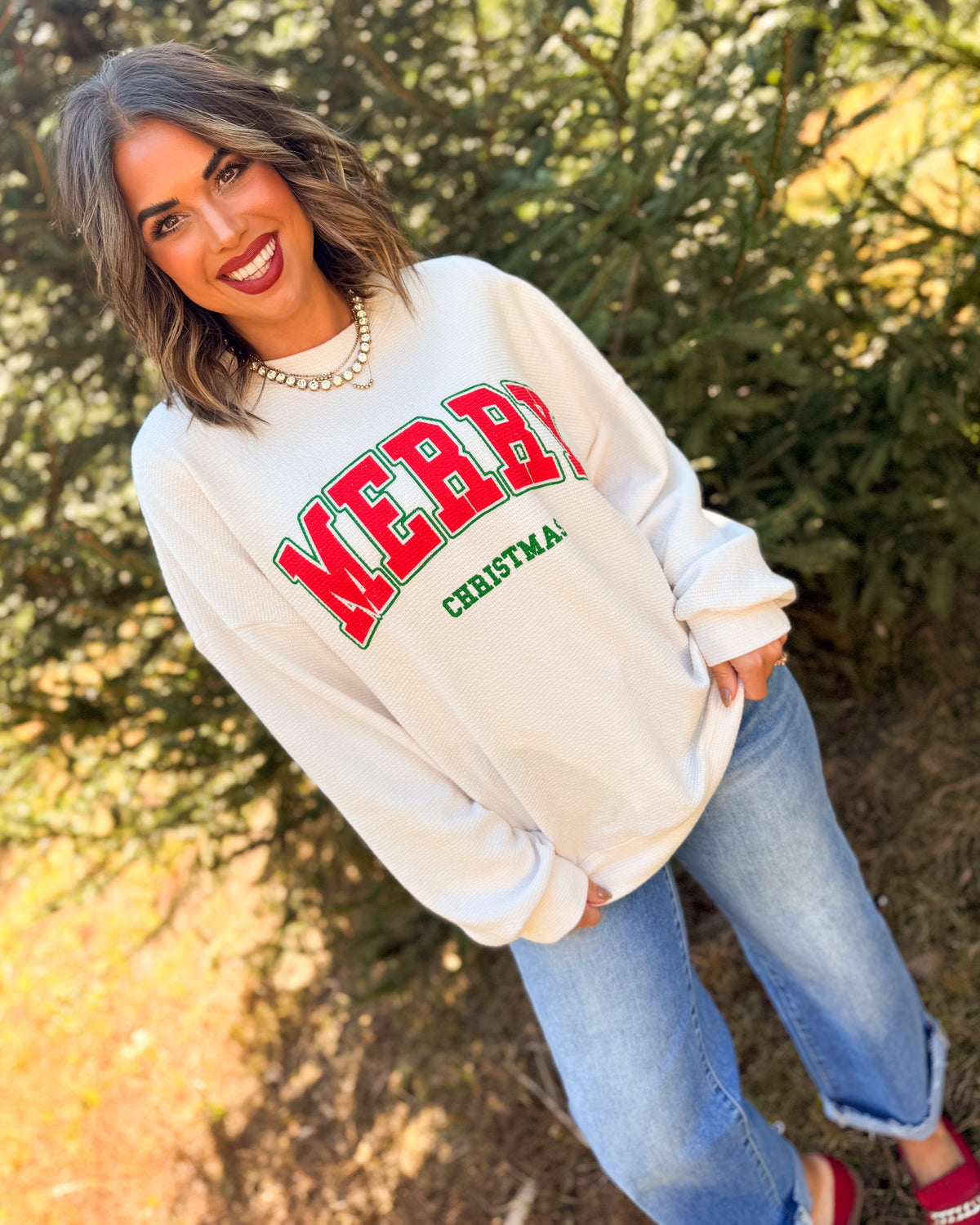 Merry Christmas Textured Knit Graphic Top