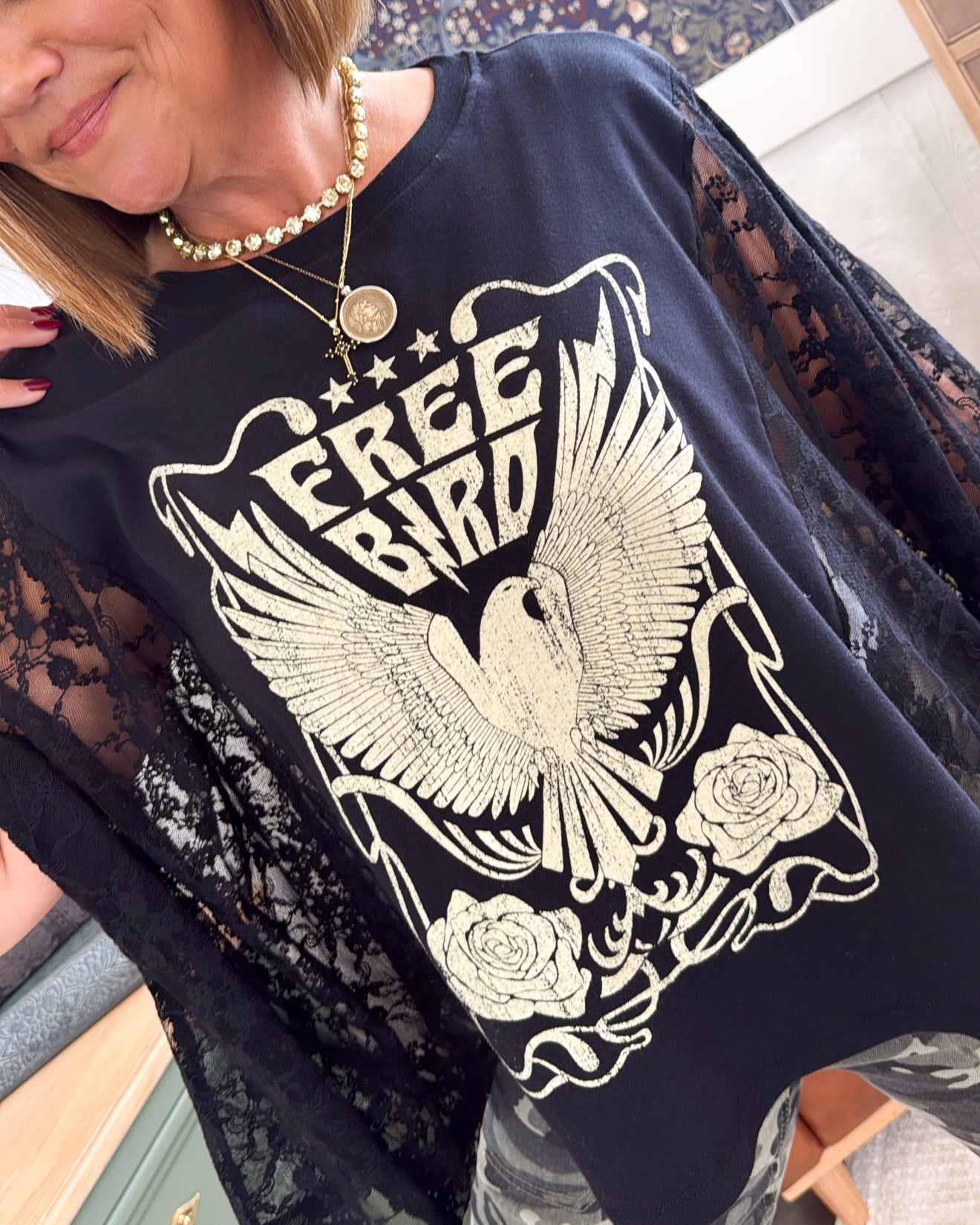 Free Bird Wide Lace Sleeve Graphic Tee
