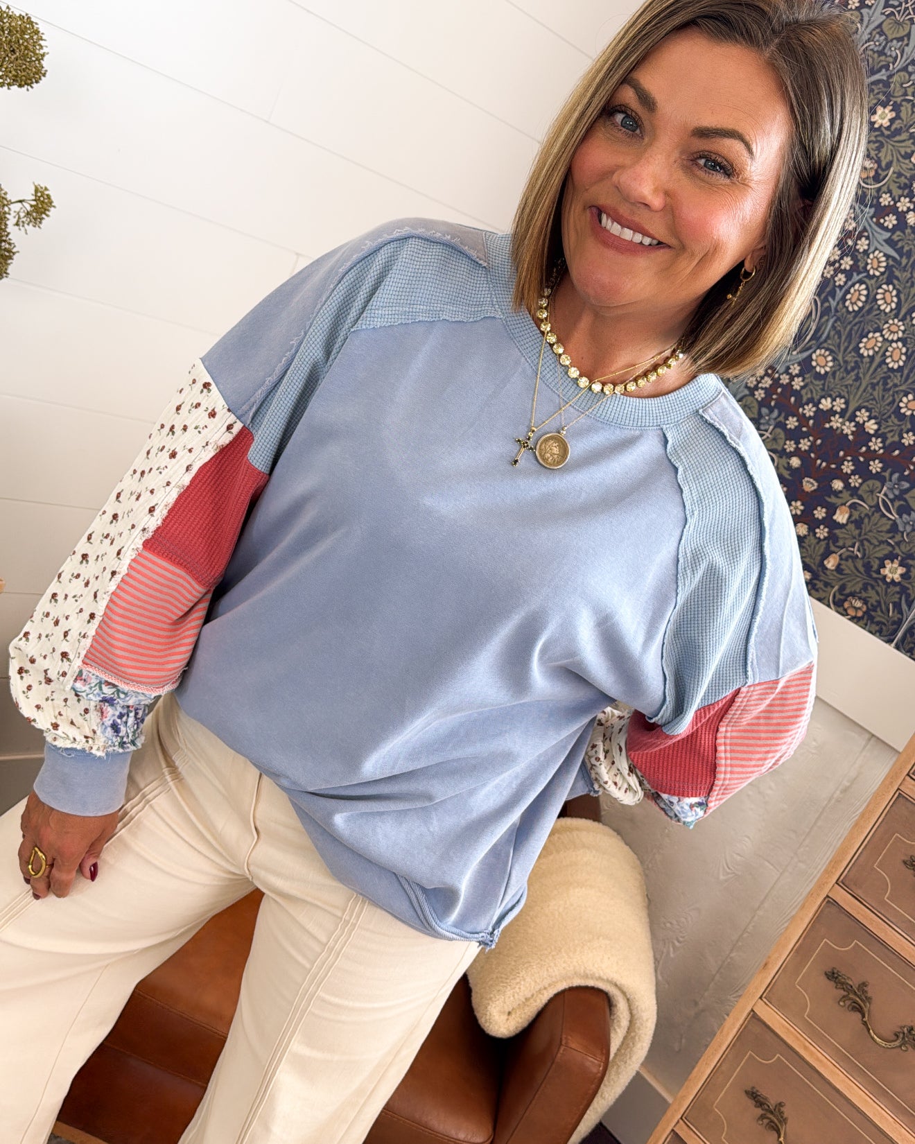 Beautifully Pieced Patchwork Sleeve Pullover