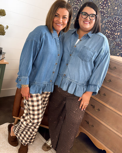 Southern Charm Chambray Ruffle Hem Shirt
