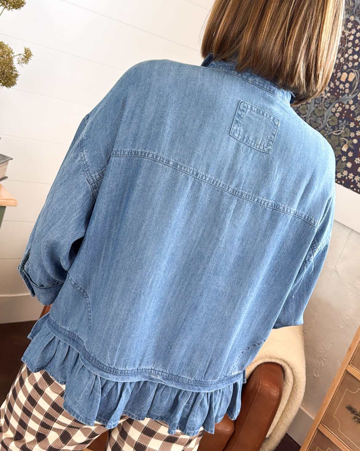 Southern Charm Chambray Ruffle Hem Shirt