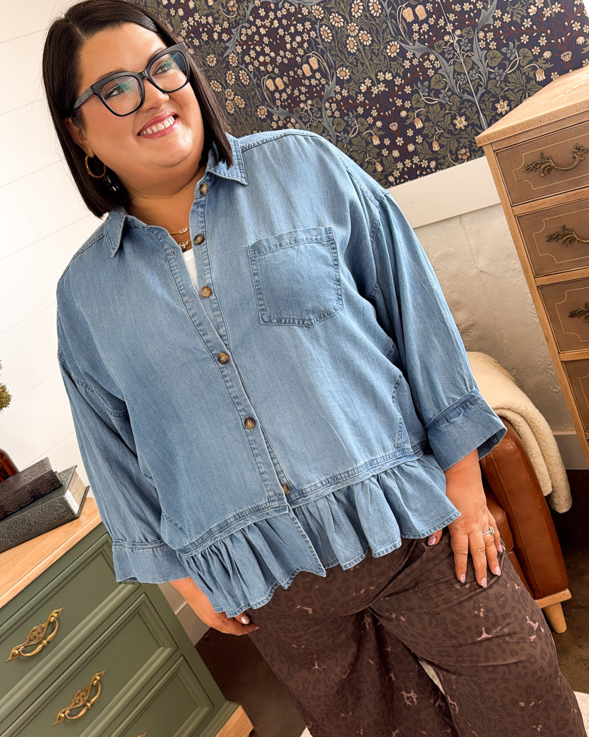 Southern Charm Chambray Ruffle Hem Shirt