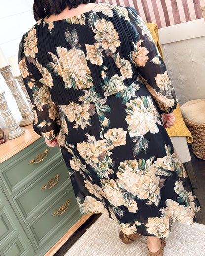 Midnight Blooms Floral Pleat Detail Midi Dress - Black