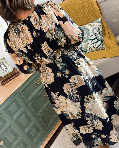 Midnight Blooms Floral Pleat Detail Midi Dress - Black