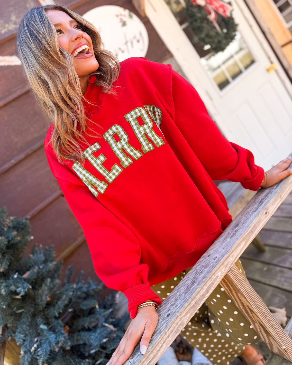 Plaid Merry Embroidered Mock Neck Sweatshirt