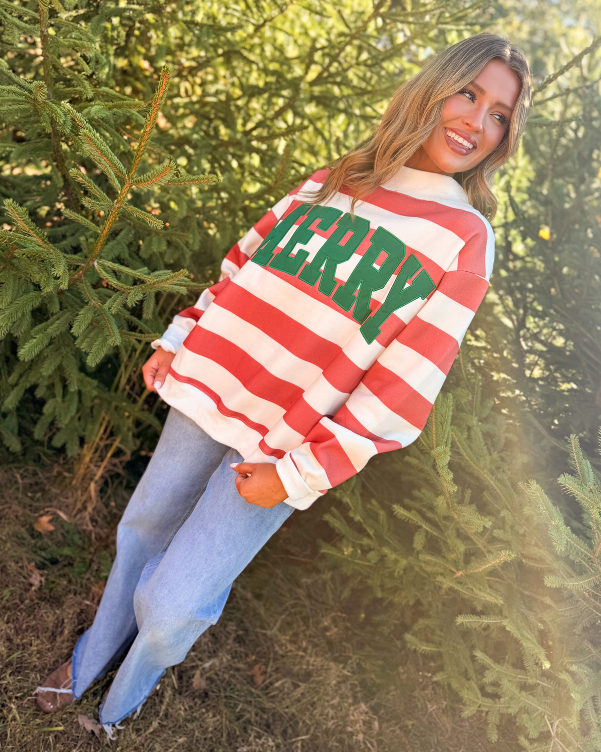 Striped Merry Embroidered Mock Neck Sweatshirt
