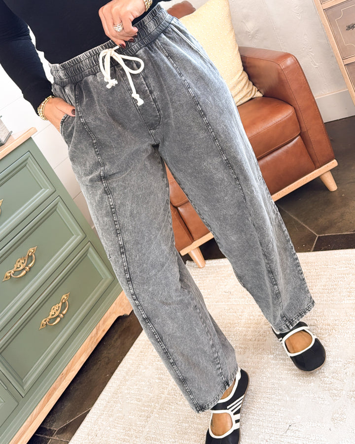 No Plans Needed French Terry Denim Barrel Pants