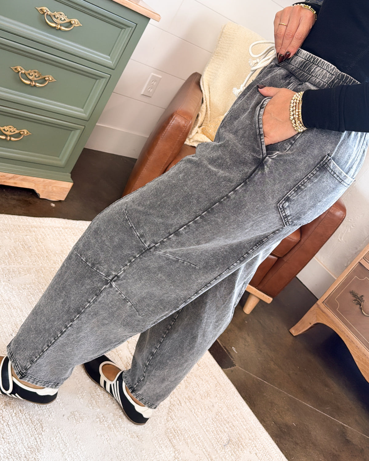 No Plans Needed French Terry Denim Barrel Pants