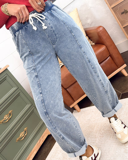 No Plans Needed French Terry Denim Barrel Pants