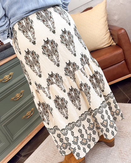 Paisley In Poetry Border Print Midi Skirt