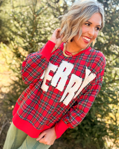 Merry Applique Plaid Hi-Lo Pullover