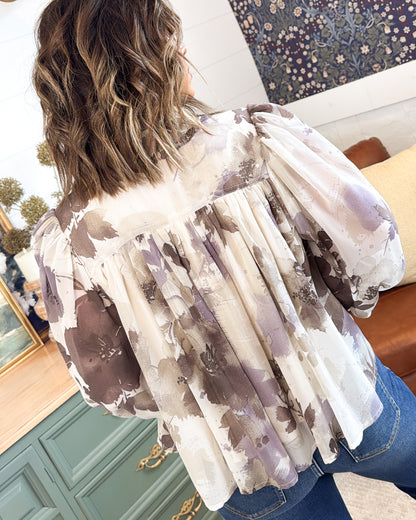 Watercolor Garden Floral Chiffon Blouse