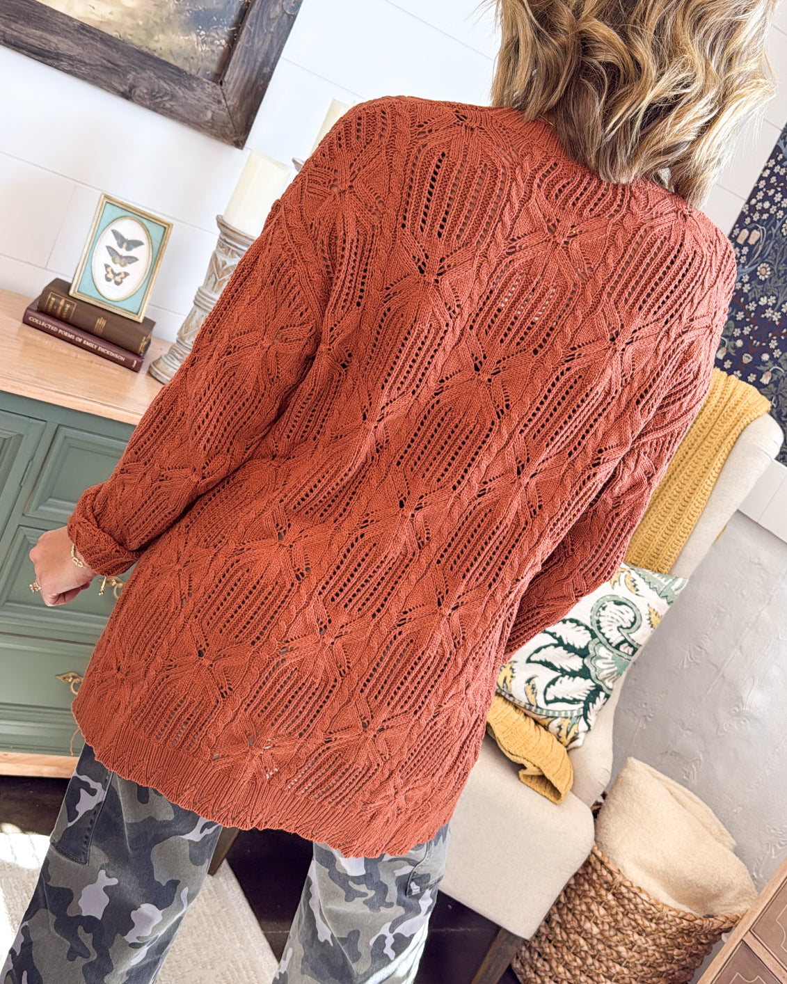 Autumn Stroll Open Front Pointelle Knit Cardigan