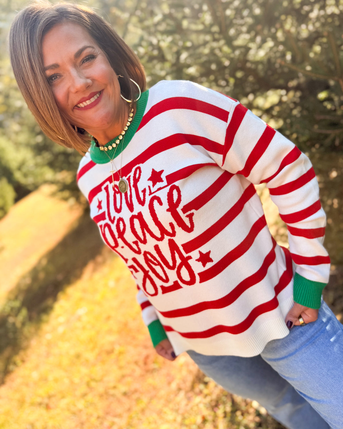Love Peace Joy Striped Knit Sweater