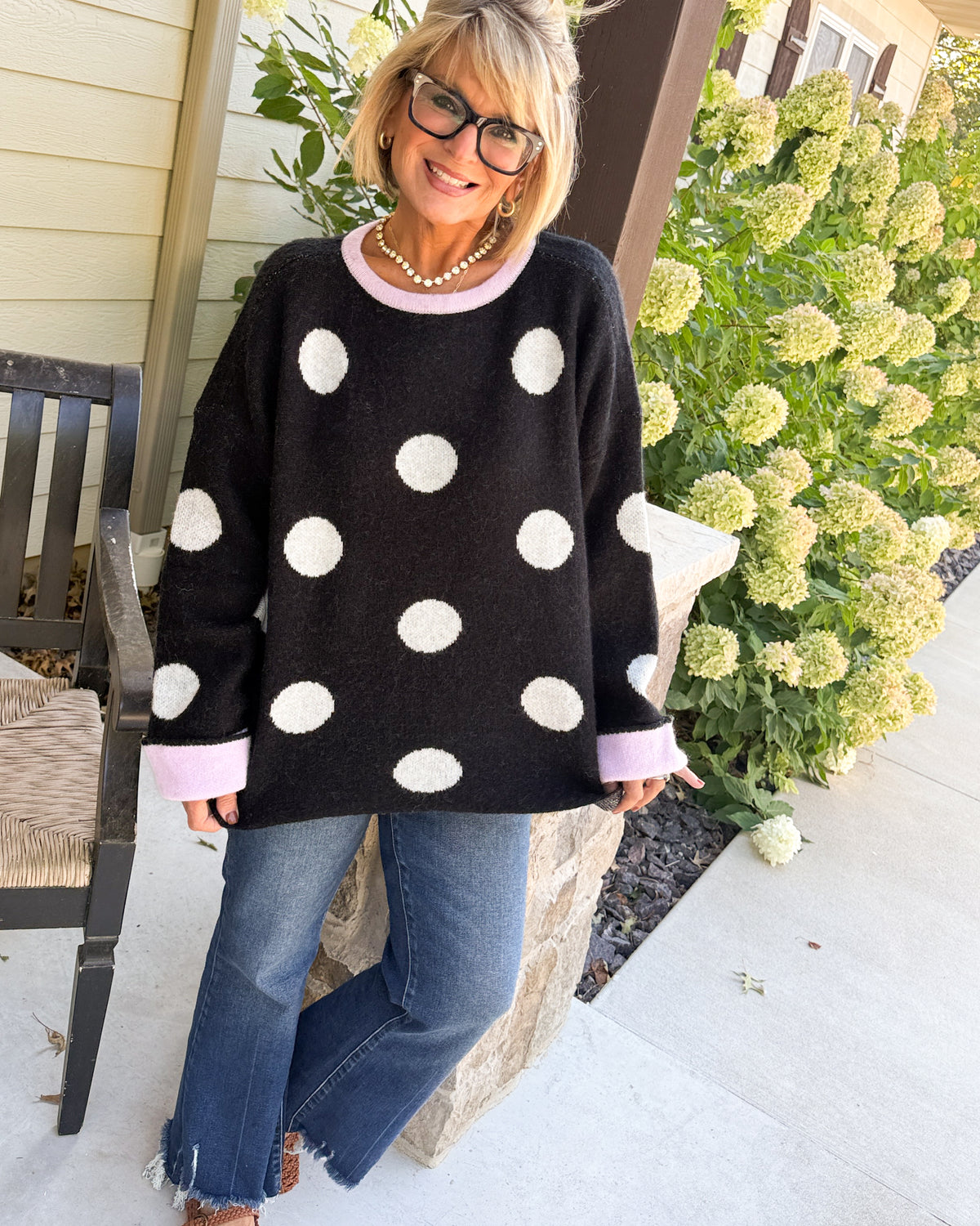 Dolly Days Polka Dot Contrast Trim Sweater