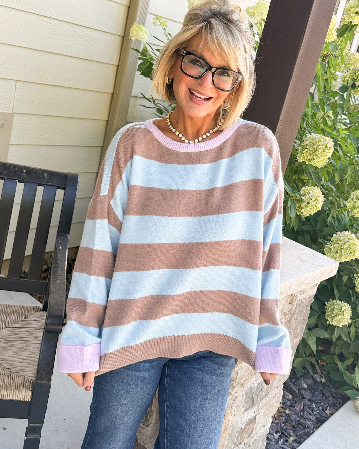 Line Up For Cozy Striped Contrast Trim Sweater