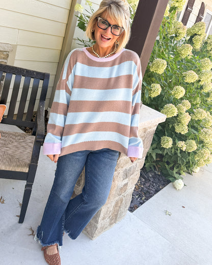 Line Up For Cozy Striped Contrast Trim Sweater