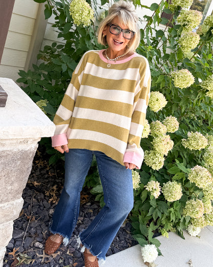 Line Up For Cozy Striped Contrast Trim Sweater